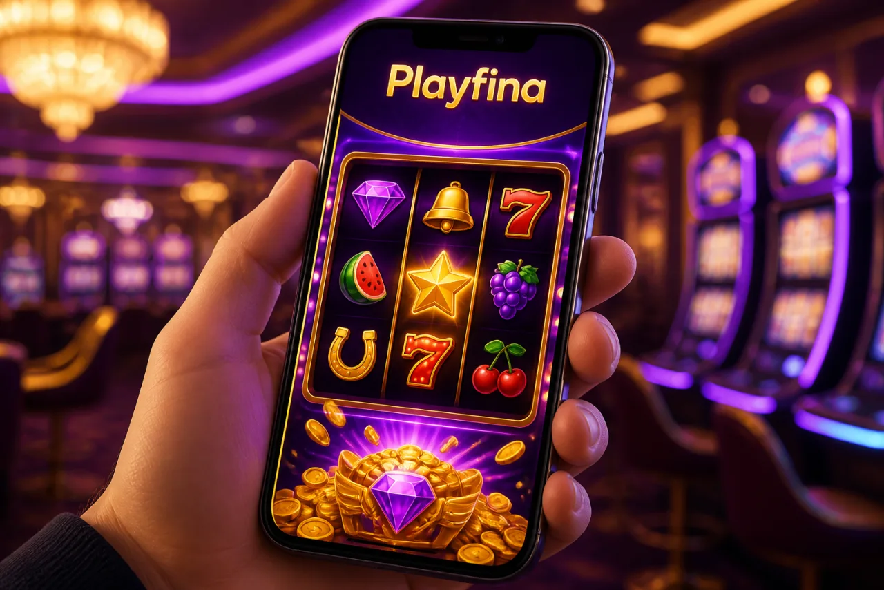 Playfina mobile casino running pokies on a smartphone